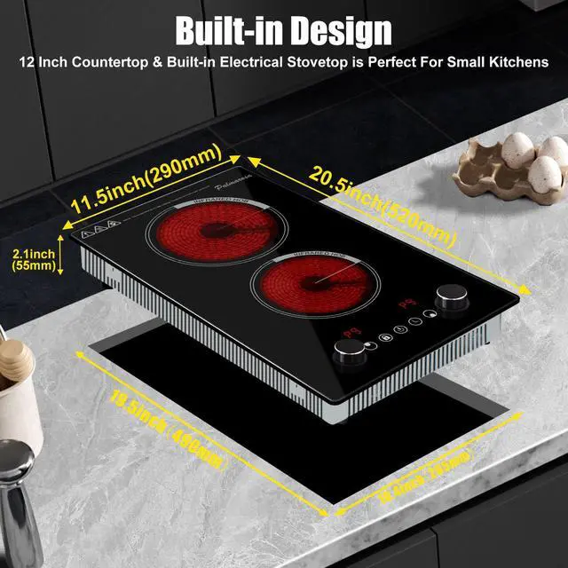 Alt view image 2 of 7 - 2 Burner Electric Cooktop,12 Inch Built-in Stove Top, 2200W,110V | Electric Cook Top, Knob Control, 9 Power Levels,Over-Temperature Protection