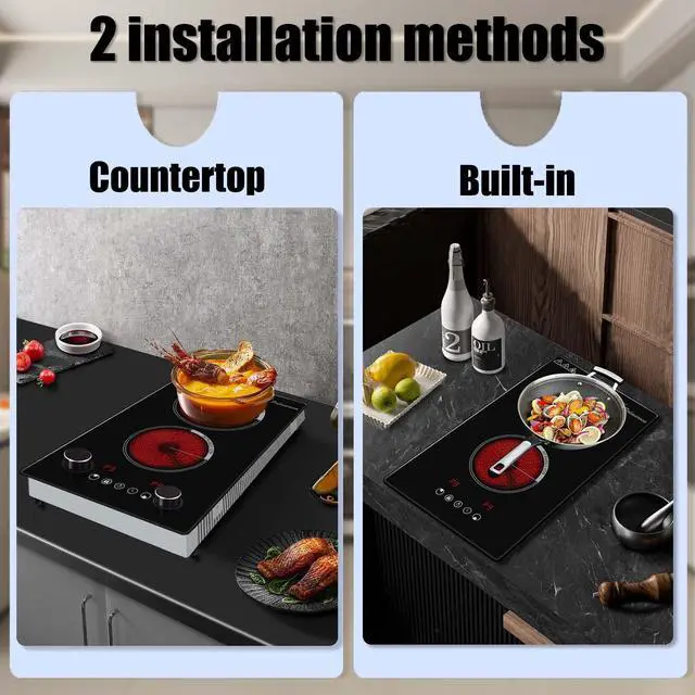 Alt view image 4 of 7 - 2 Burner Electric Cooktop,12 Inch Built-in Stove Top, 2200W,110V | Electric Cook Top, Knob Control, 9 Power Levels,Over-Temperature Protection