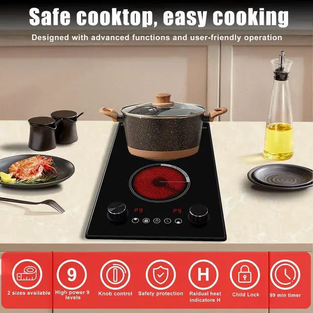 Alt view image 5 of 7 - 2 Burner Electric Cooktop,12 Inch Built-in Stove Top, 2200W,110V | Electric Cook Top, Knob Control, 9 Power Levels,Over-Temperature Protection