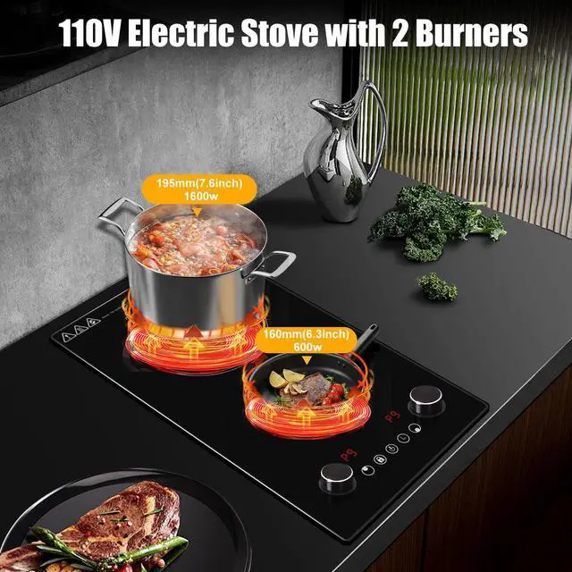 Alt view image 6 of 7 - 2 Burner Electric Cooktop,12 Inch Built-in Stove Top, 2200W,110V | Electric Cook Top, Knob Control, 9 Power Levels,Over-Temperature Protection
