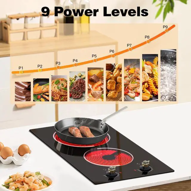 Alt view image 2 of 7 - 2 Burner Electric Cooktop - Built-in 3000W Two Burner Electric Stove, 220V Ceramic Cook Top with 9 Power Heating Levels, Knob Control, 220V - 240V Hard Wired (No Plug)