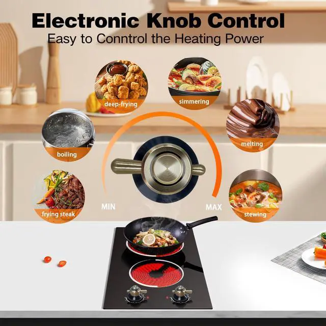 Alt view image 3 of 7 - 2 Burner Electric Cooktop - Built-in 3000W Two Burner Electric Stove, 220V Ceramic Cook Top with 9 Power Heating Levels, Knob Control, 220V - 240V Hard Wired (No Plug)