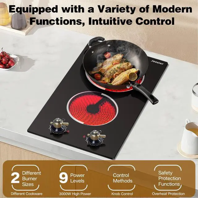 Alt view image 4 of 7 - 2 Burner Electric Cooktop - Built-in 3000W Two Burner Electric Stove, 220V Ceramic Cook Top with 9 Power Heating Levels, Knob Control, 220V - 240V Hard Wired (No Plug)