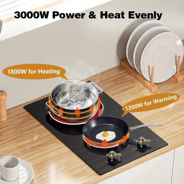 Alt view image 5 of 7 - 2 Burner Electric Cooktop - Built-in 3000W Two Burner Electric Stove, 220V Ceramic Cook Top with 9 Power Heating Levels, Knob Control, 220V - 240V Hard Wired (No Plug)
