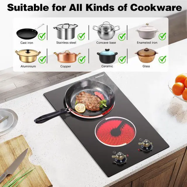 Alt view image 6 of 7 - 2 Burner Electric Cooktop - Built-in 3000W Two Burner Electric Stove, 220V Ceramic Cook Top with 9 Power Heating Levels, Knob Control, 220V - 240V Hard Wired (No Plug)