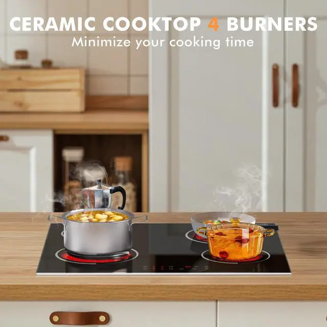 Alt view image 3 of 7 - Electric Cooktop 24 Inch 6000W Built-in | 4 Burner 24 Inches Electric Ceramic Stove with Glass Protection Metal Frame, Timer, Safety Lock, 220V Hard Wire(No Plug)
