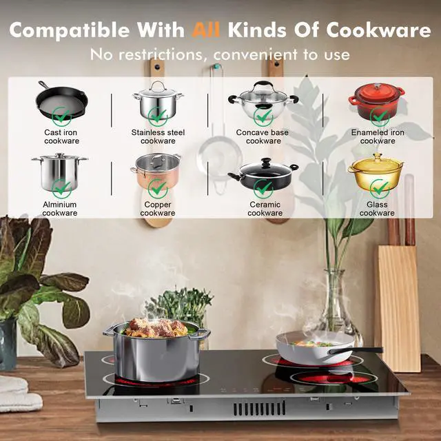 Alt view image 4 of 7 - Electric Cooktop 24 Inch 6000W Built-in | 4 Burner 24 Inches Electric Ceramic Stove with Glass Protection Metal Frame, Timer, Safety Lock, 220V Hard Wire(No Plug)