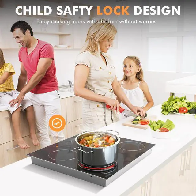 Alt view image 5 of 7 - Electric Cooktop 24 Inch 6000W Built-in | 4 Burner 24 Inches Electric Ceramic Stove with Glass Protection Metal Frame, Timer, Safety Lock, 220V Hard Wire(No Plug)