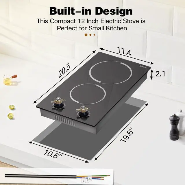 Alt view image 7 of 7 - 2 Burner Electric Cooktop - Built-in 3000W Two Burner Electric Stove, 220V Ceramic Cook Top with 9 Power Heating Levels, Knob Control, 220V - 240V Hard Wired (No Plug)