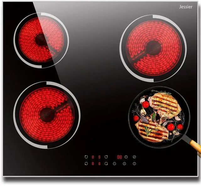 Main image of Electric Cooktop 24 Inch 6000W Built-in | 4 Burner 24 Inches Electric Ceramic Stove with Glass Protection Metal Frame, Timer, Safety Lock, 220V Hard Wire(No Plug)