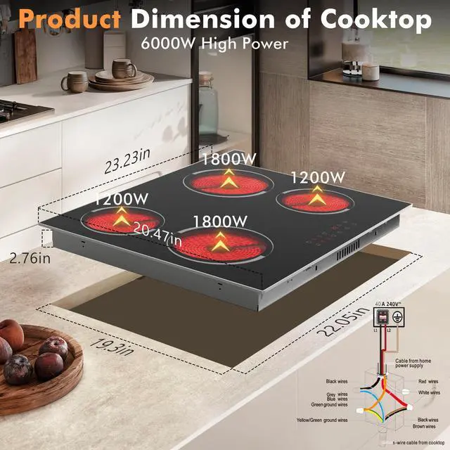 Alt view image 6 of 7 - Electric Cooktop 24 Inch 6000W Built-in | 4 Burner 24 Inches Electric Ceramic Stove with Glass Protection Metal Frame, Timer, Safety Lock, 220V Hard Wire(No Plug)