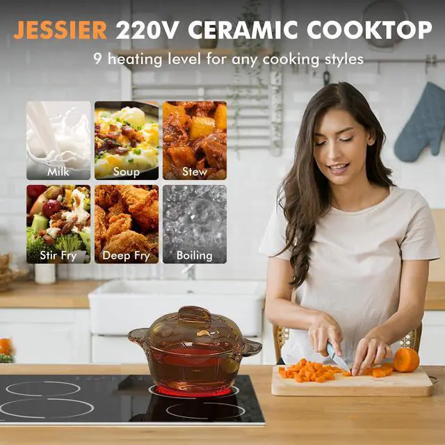 Alt view image 7 of 7 - Electric Cooktop 24 Inch 6000W Built-in | 4 Burner 24 Inches Electric Ceramic Stove with Glass Protection Metal Frame, Timer, Safety Lock, 220V Hard Wire(No Plug)