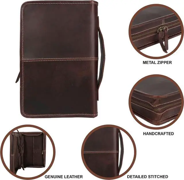 Alt view image 3 of 5 - Small Leather Bible Cover with Zipper, Carry Handle & Back Pocket, Premium Book Cover for Everyday Use