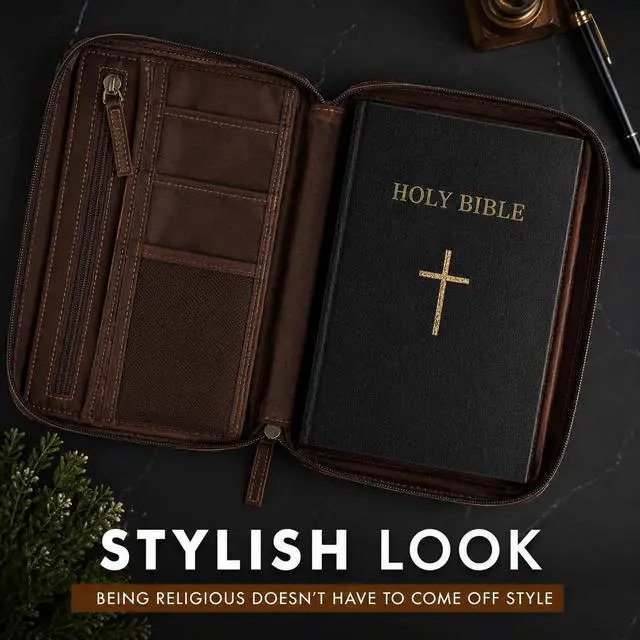 Alt view image 5 of 5 - Leather Bible Cover Book Cover Planner Cover with Handle and Back Pocket (Large)