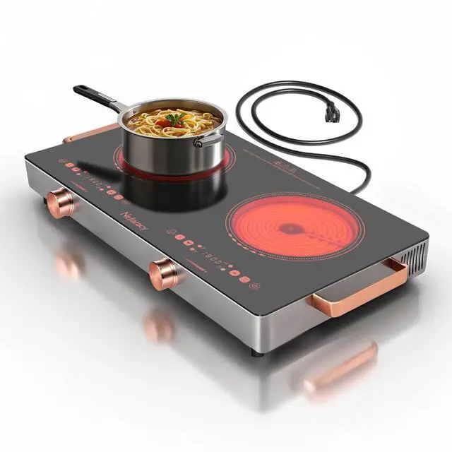 Main image of 2 Burner Electric Cooktop 24 Inch, 110 Volt Kitchen Stove, 2000W Plug In | Ceramic Cooktop with Touch & Knob Control, Safety Lock, 9 Heating Levels, 240Mins Timer, Overheat Protection (Red)