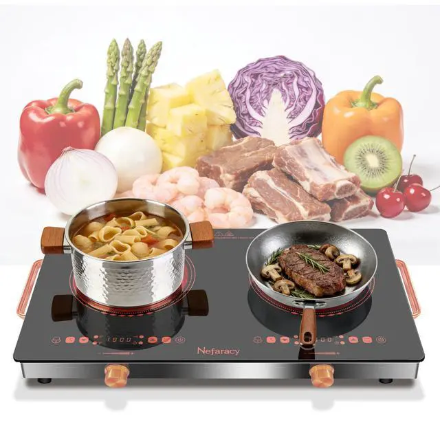 Alt view image 2 of 7 - 2 Burner Electric Cooktop 24 Inch, 110 Volt Kitchen Stove, 2000W Plug In | Ceramic Cooktop with Touch & Knob Control, Safety Lock, 9 Heating Levels, 240Mins Timer, Overheat Protection (Red)