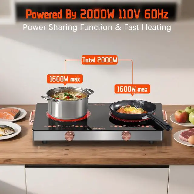 Alt view image 3 of 7 - 2 Burner Electric Cooktop 24 Inch, 110 Volt Kitchen Stove, 2000W Plug In | Ceramic Cooktop with Touch & Knob Control, Safety Lock, 9 Heating Levels, 240Mins Timer, Overheat Protection (Red)