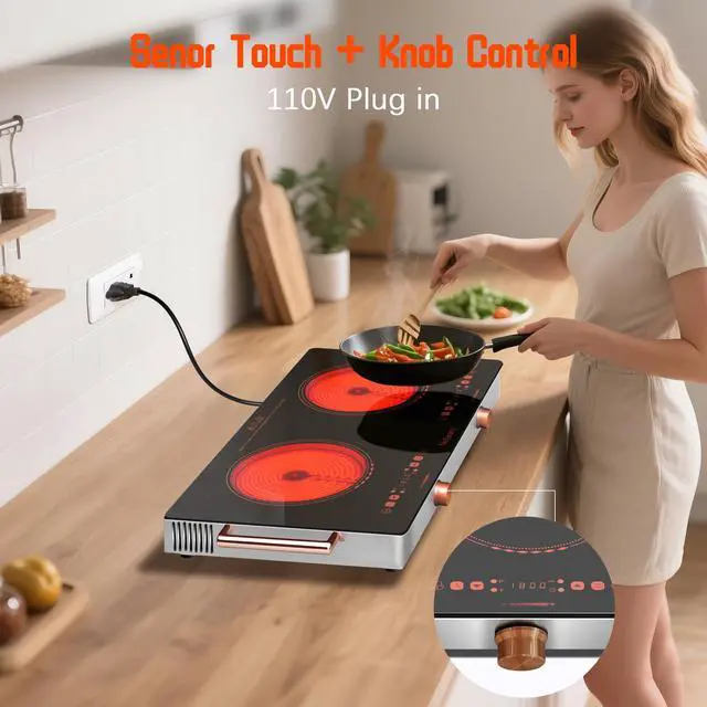 Alt view image 5 of 7 - 2 Burner Electric Cooktop 24 Inch, 110 Volt Kitchen Stove, 2000W Plug In | Ceramic Cooktop with Touch & Knob Control, Safety Lock, 9 Heating Levels, 240Mins Timer, Overheat Protection (Red)