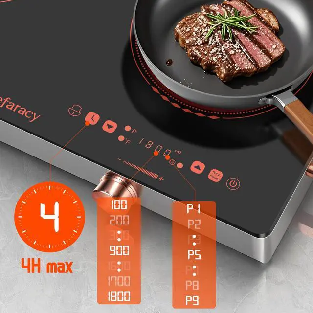 Alt view image 4 of 7 - 2 Burner Electric Cooktop 24 Inch, 110 Volt Kitchen Stove, 2000W Plug In | Ceramic Cooktop with Touch & Knob Control, Safety Lock, 9 Heating Levels, 240Mins Timer, Overheat Protection (Red)