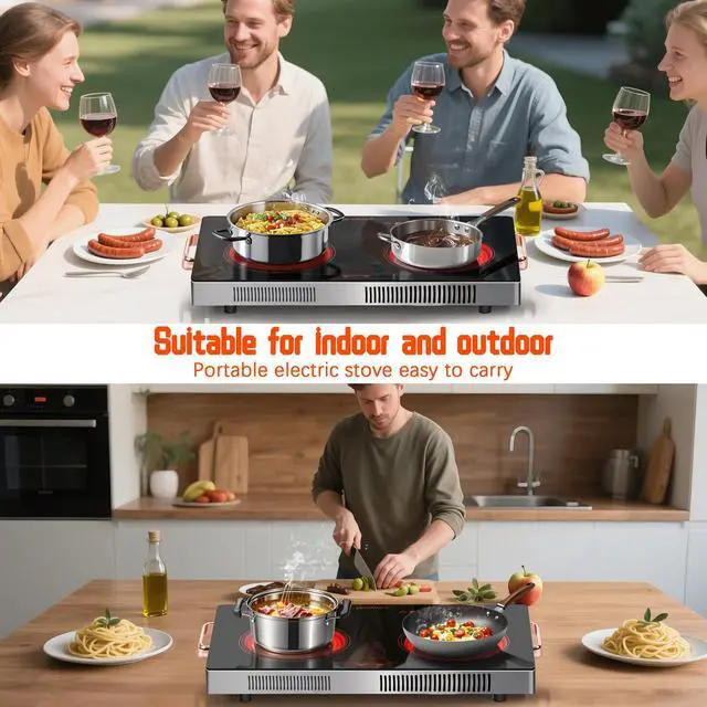 Alt view image 6 of 7 - 2 Burner Electric Cooktop 24 Inch, 110 Volt Kitchen Stove, 2000W Plug In | Ceramic Cooktop with Touch & Knob Control, Safety Lock, 9 Heating Levels, 240Mins Timer, Overheat Protection (Red)