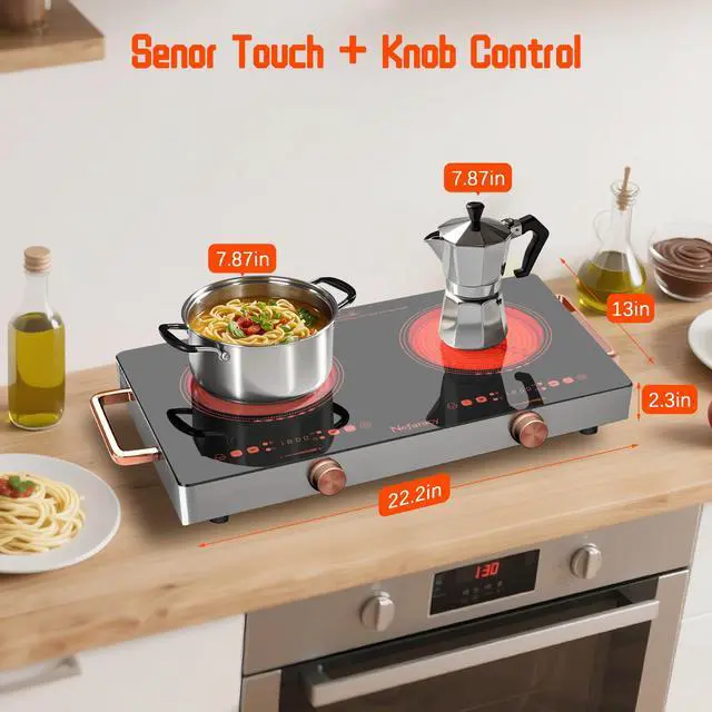 Alt view image 7 of 7 - 2 Burner Electric Cooktop 24 Inch, 110 Volt Kitchen Stove, 2000W Plug In | Ceramic Cooktop with Touch & Knob Control, Safety Lock, 9 Heating Levels, 240Mins Timer, Overheat Protection (Red)