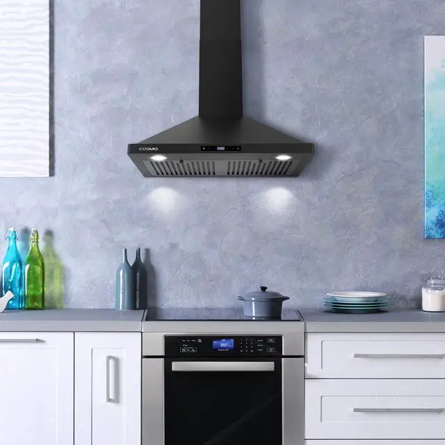 Alt view image 2 of 7 - 30 in. Vista Coll 380 CFM Ducted Wall Mount Range Hood, LED, Matte Black | COS-63175S-BK Soft Touch Controls, 3 Fan Speeds, Permanent Baffle Filters, Backdraft Damper, 3-Prong Power Cord