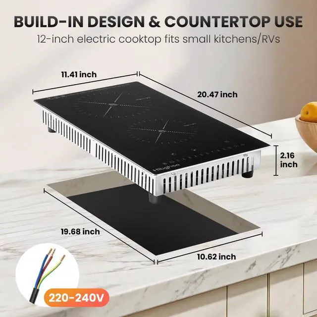 Alt view image 2 of 7 - 2 Burner Electric Cooktop, 12 Inch Built-in Electric Stove Top 3200W, 9 Power Levels, Touch Control, Timer & Child Lock, 220-240V, Over-Temperature Protection, Hard Wired(No Plug)