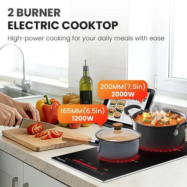 Alt view image 3 of 7 - 2 Burner Electric Cooktop, 12 Inch Built-in Electric Stove Top 3200W, 9 Power Levels, Touch Control, Timer & Child Lock, 220-240V, Over-Temperature Protection, Hard Wired(No Plug)