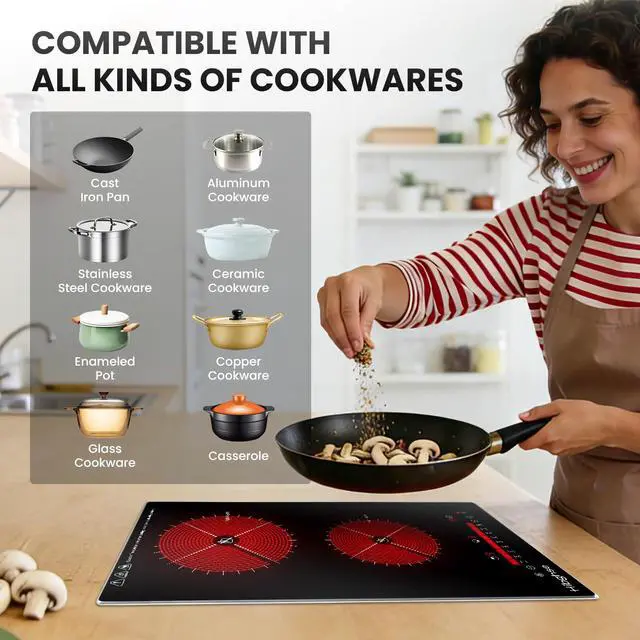 Alt view image 6 of 7 - 2 Burner Electric Cooktop, 12 Inch Built-in Electric Stove Top 3200W, 9 Power Levels, Touch Control, Timer & Child Lock, 220-240V, Over-Temperature Protection, Hard Wired(No Plug)