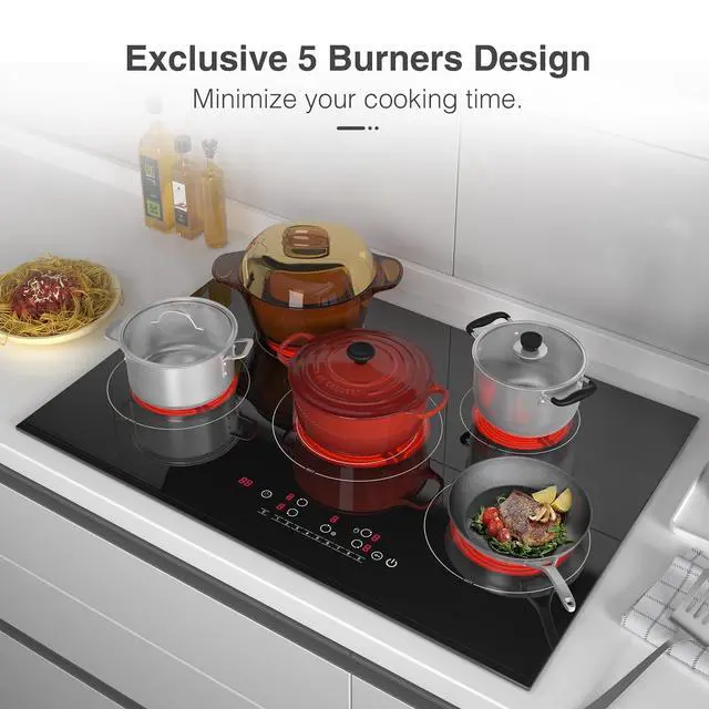 Alt view image 4 of 7 - Electric cooktop 30 inch, 5 burner Electric Stove Built-in and Countertop Stove Top, LED Touch Screen,9 Heating Level, Timer & Kid Safety Lock, 240V 30 inch cooktop