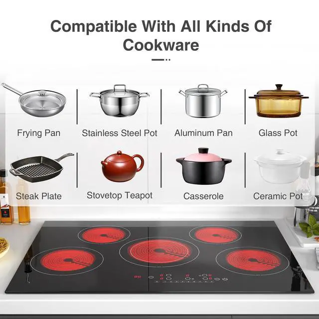 Alt view image 5 of 7 - Electric cooktop 30 inch, 5 burner Electric Stove Built-in and Countertop Stove Top, LED Touch Screen,9 Heating Level, Timer & Kid Safety Lock, 240V 30 inch cooktop