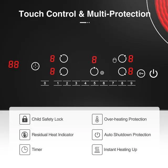 Alt view image 7 of 7 - Electric cooktop 30 inch, 5 burner Electric Stove Built-in and Countertop Stove Top, LED Touch Screen,9 Heating Level, Timer & Kid Safety Lock, 240V 30 inch cooktop