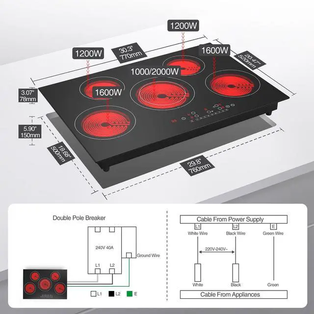 Alt view image 6 of 7 - Electric cooktop 30 inch, 5 burner Electric Stove Built-in and Countertop Stove Top, LED Touch Screen,9 Heating Level, Timer & Kid Safety Lock, 240V 30 inch cooktop