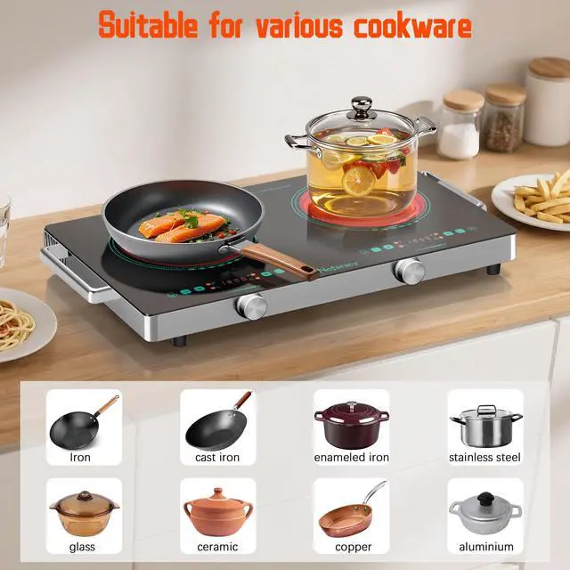 Alt view image 2 of 7 - 2 Burner Electric Cooktop 24 Inch, 110V 2000W Portable Electrics Stove Top | with Handle, 9 Power Settings, Senor Touch & Knob Control, Safety Lock, Timer, 110-120V Plug in (2 Burner Green)