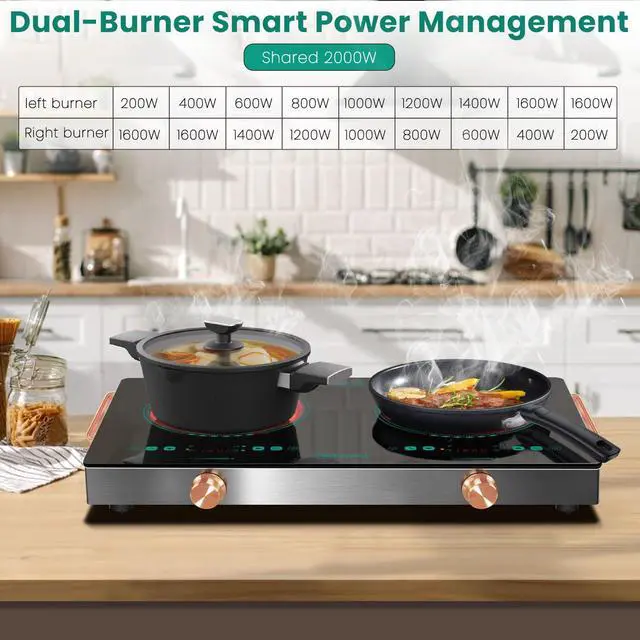 Alt view image 3 of 7 - 2 Burner Electric Cooktop 24 Inch, 110V 2000W Portable Electrics Stove Top | with Handle, 9 Power Settings, Senor Touch & Knob Control, Safety Lock, Timer, 110-120V Plug in (2 Burner Green)