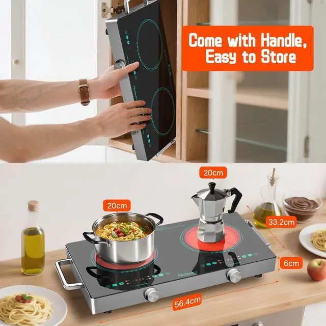 Alt view image 4 of 7 - 2 Burner Electric Cooktop 24 Inch, 110V 2000W Portable Electrics Stove Top | with Handle, 9 Power Settings, Senor Touch & Knob Control, Safety Lock, Timer, 110-120V Plug in (2 Burner Green)