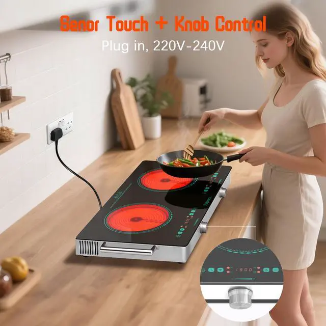 Alt view image 6 of 7 - 2 Burner Electric Cooktop 24 Inch, 110V 2000W Portable Electrics Stove Top | with Handle, 9 Power Settings, Senor Touch & Knob Control, Safety Lock, Timer, 110-120V Plug in (2 Burner Green)