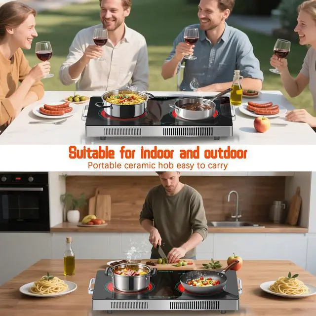 Alt view image 7 of 7 - 2 Burner Electric Cooktop 24 Inch, 110V 2000W Portable Electrics Stove Top | with Handle, 9 Power Settings, Senor Touch & Knob Control, Safety Lock, Timer, 110-120V Plug in (2 Burner Green)