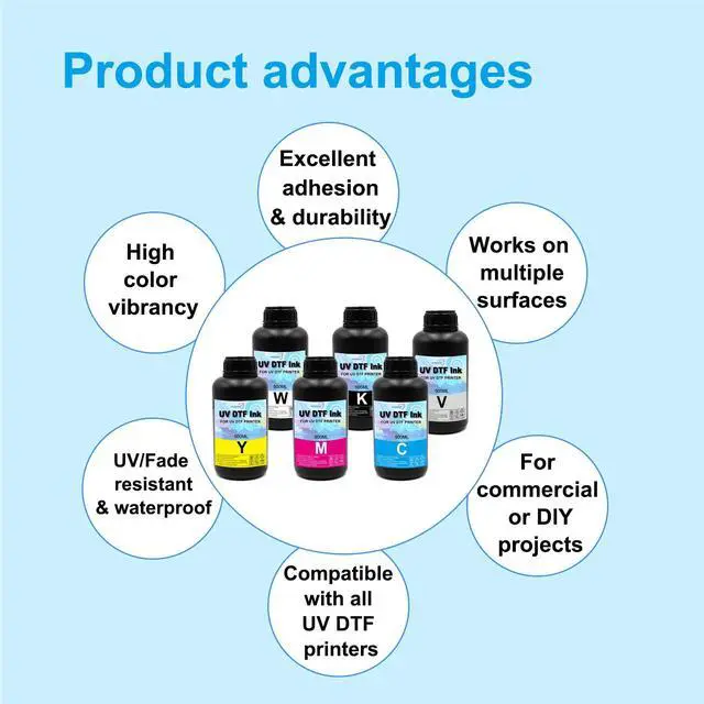 Alt view image 5 of 7 - 6-Pack UV DTF Ink (BK/C/M/Y/WH+Varnish, 500ml) Compatible with XP600 TX800 i3200 L805 1390 DX5 DX6 DX7 i1600 DX10 for UV-DTF Printer A/B Film, Ideal for Sticker Transfer