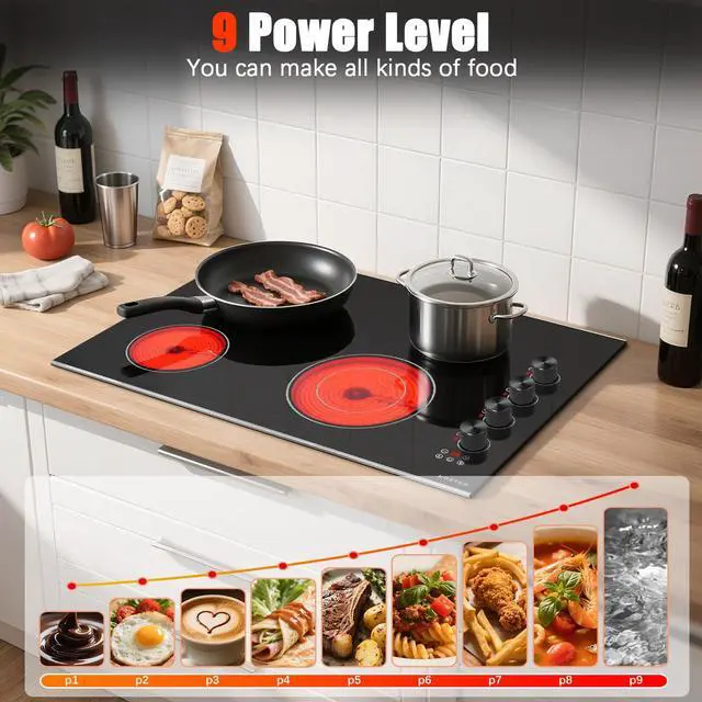 Alt view image 2 of 7 - Electric Cooktop 30 Inch, Knob Control 4 Burners Electric Stove Top with Glass Protection Metal Frame, Expandable Burner, Safety Lock, Timer, 6700W 240V Hard Wired(Black)