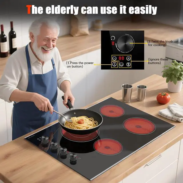 Alt view image 3 of 7 - Electric Cooktop 30 Inch, Knob Control 4 Burners Electric Stove Top with Glass Protection Metal Frame, Expandable Burner, Safety Lock, Timer, 6700W 240V Hard Wired(Black)