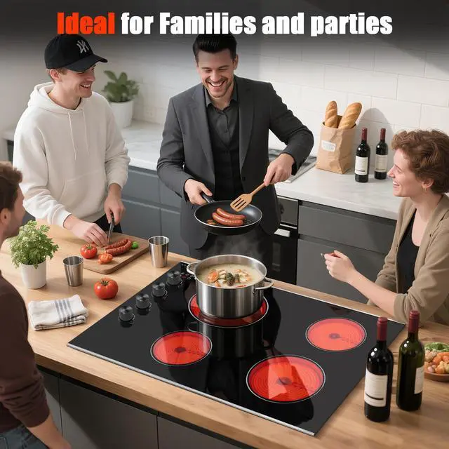 Alt view image 4 of 7 - Electric Cooktop 30 Inch, Knob Control 4 Burners Electric Stove Top with Glass Protection Metal Frame, Expandable Burner, Safety Lock, Timer, 6700W 240V Hard Wired(Black)