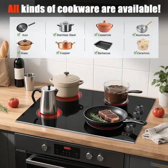 Alt view image 5 of 7 - Electric Cooktop 30 Inch, Knob Control 4 Burners Electric Stove Top with Glass Protection Metal Frame, Expandable Burner, Safety Lock, Timer, 6700W 240V Hard Wired(Black)