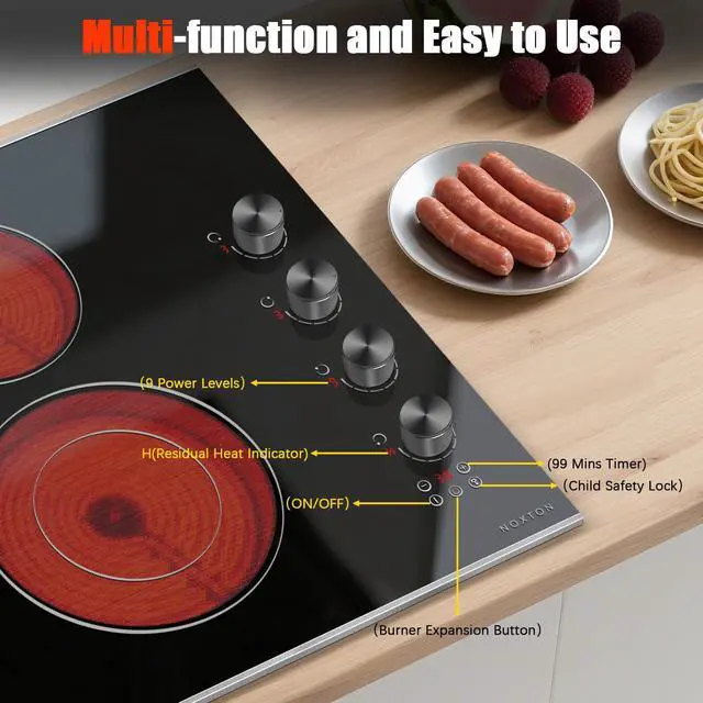 Alt view image 7 of 7 - Electric Cooktop 30 Inch, Knob Control 4 Burners Electric Stove Top with Glass Protection Metal Frame, Expandable Burner, Safety Lock, Timer, 6700W 240V Hard Wired(Black)