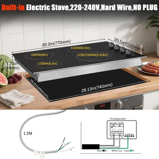 Alt view image 6 of 7 - Electric Cooktop 30 Inch, Knob Control 4 Burners Electric Stove Top with Glass Protection Metal Frame, Expandable Burner, Safety Lock, Timer, 6700W 240V Hard Wired(Black)
