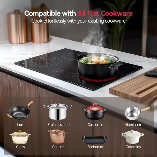 Alt view image 4 of 7 - 30 Inch Electric Cooktop, 7300W Radiant Electric Hob with 4 Burners, 240V Built-in Sensor Touch Control Stove Top with Child Safety Lock & Timer, 9 Heating Levels, Hard Wire (No Plug)