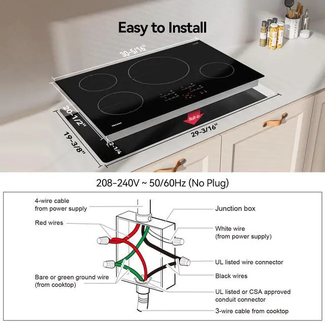 Alt view image 5 of 7 - 30 Inch Electric Cooktop, 7300W Radiant Electric Hob with 4 Burners, 240V Built-in Sensor Touch Control Stove Top with Child Safety Lock & Timer, 9 Heating Levels, Hard Wire (No Plug)