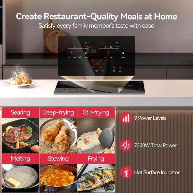 Alt view image 3 of 7 - 30 Inch Electric Cooktop, 7300W Radiant Electric Hob with 4 Burners, 240V Built-in Sensor Touch Control Stove Top with Child Safety Lock & Timer, 9 Heating Levels, Hard Wire (No Plug)