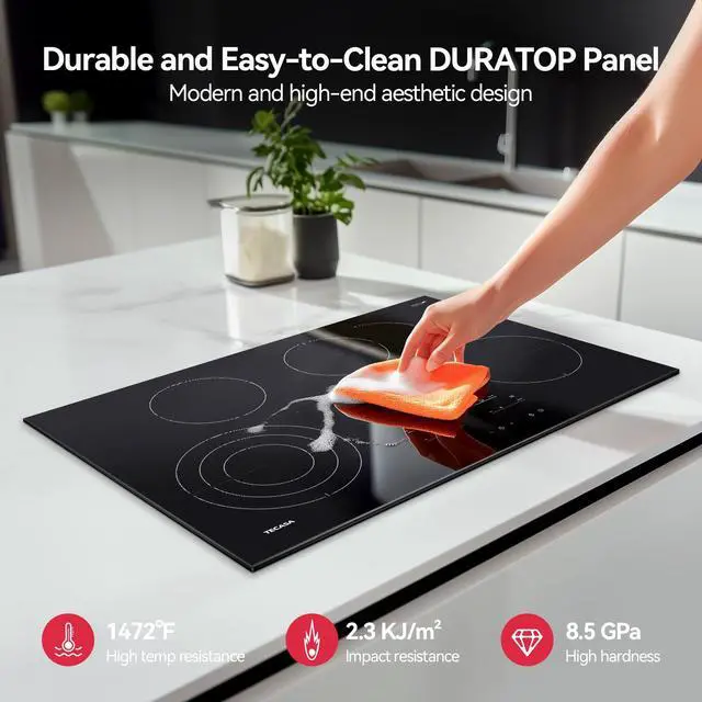 Alt view image 7 of 7 - 30 Inch Electric Cooktop, 7300W Radiant Electric Hob with 4 Burners, 240V Built-in Sensor Touch Control Stove Top with Child Safety Lock & Timer, 9 Heating Levels, Hard Wire (No Plug)