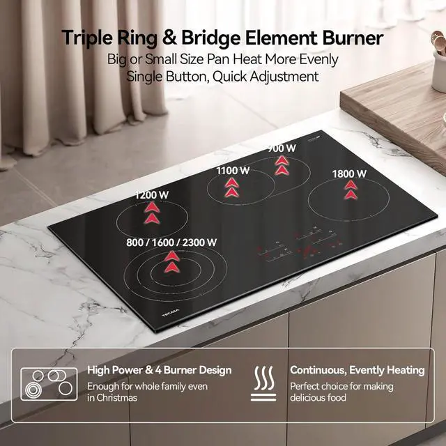Alt view image 2 of 7 - 30 Inch Electric Cooktop, 7300W Radiant Electric Hob with 4 Burners, 240V Built-in Sensor Touch Control Stove Top with Child Safety Lock & Timer, 9 Heating Levels, Hard Wire (No Plug)
